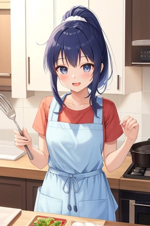 ore no imouto ga konna ni kawaii wake ga nai, Beautiful 18 -year-old girl, short navy blue hair with a ponytail Wearing an apron. cooking in the kitchen. very happy.