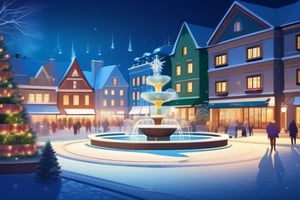 snowy christmas night,design, holiday village with christmas tree in the center square, frozen water fountain, holidat decor on all the building,  fluffy snow on the ground, ground view