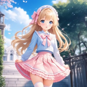 1girl, solo, elegant hair (full body: 1.1), (side at the viewer: 1.1), school_uniform, mini skirt swaying in the breeze, filmg , sweet_lolita, Best quality, masterpiece, blond hair, blue eyes, Exquisite mouth,Very detailed face, blush, Shiny wet skin,  Pink lips, Delicate lips, hands on hips