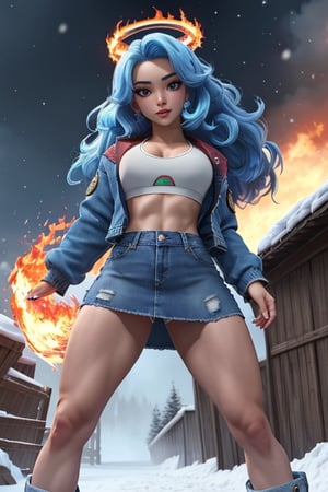masterpiece, exquisite, {beautiful and meticulous girl}, beautiful and detailed halo, (fire of war: 1.2), (blizzard behind: 1.3), (beautiful and detailed eyes: 1.1), glitter_force, palace, sky blue hair, scattered hair, long bangs, eyebrows, (blue denim jacket and denim mini skirt, white sports bra: 1.1), upper abdomen, big forehead, flower,  stance, looking_at_the_viewer, falling_snow, leg kick, upskirt