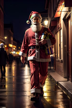 +Masterpiece, best quality, super detailed,  santa claus, standing in a village square, crowded people, blur background, nightime, walking in the street, holding presents