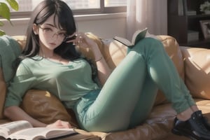 1girl,19-years old girl, medium_breasts, black_hair, red_eyes, long bangs over left eye, curvaceous, wearingreading glasses, wearing a green v-neck blouse and green pants with shoes. ssitting in the living room, close up, book in hand