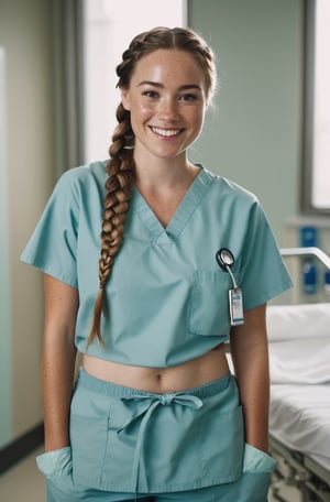 a woman with freckles smiling and braided hair, (full body:1.8) cinematic lighting,(cinematic, film grain:1.1), flat_stomach, ribcage, wearing scrubs in a hospital, stomach_details