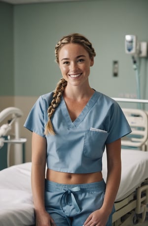 a woman with freckles smiling and braided hair, (full body:1.8) cinematic lighting,(cinematic, film grain:1.1), flat_stomach, ribcage, (detailed_abs), wearing scrubs in a hospital, stomach_details, unbuttoned scrubs