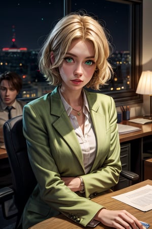 Best Quality, Cute Maiden with short blonde hair, light and glowing green eyes, heart inside eyes, night time, starry_night, office suit, medium breasts, sitting_on table, ((office in background)), (((people in background))), 2K Quality