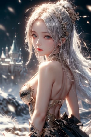 masterpiece, best quality, ultra detailed, cute, beautiful, 1 girl, Detailedface, petite, big_breasts, Close-up view. (dynamic pose), detailed dress, armor, skirt, hentai style, half black (top) and half white hair (bottom), silver bronze eyes, cute_eyes, detailed snowy castle, (high detailed skin:1.2),8K UHD,dslr,soft lighting,high quality,film grain, Fujifilm XT3,1 girl,yuzu