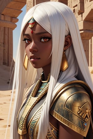 masterpiece, illustration, best quality, ultra detailed, vray rendering, unreal engine, cute, beautiful, 1girl, black_skin, desert, egyptian, long_hair, white_hair, red_eyes, fantasy