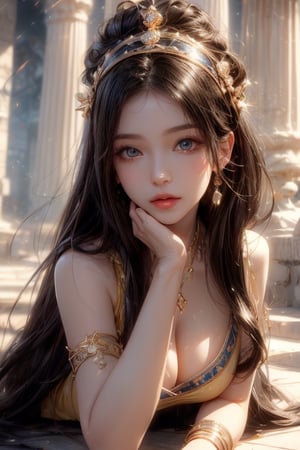 masterpiece, best quality, ultra detailed, cute, beautiful, 1 girl, Detailedface, petite, big_breasts, Close-up view. (dynamic pose), (random pose), egyptian_clothing, skirt, half yellow (top) and half black hair (bottom), blue orange eyes, cute_eyes, detailed egypt temple, (high detailed skin:1.2),8K UHD,dslr,soft lighting,high quality,film grain, Fujifilm XT3,1 girl, yuzu,