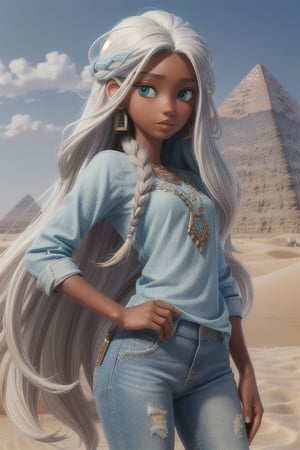 illustration, best quality, ultra detailed, cute, beautiful, 1girl, brown_skin, blue_cropped, skinny_jeans, long_hair, white_hair, cyan_eyes, fantasy, close_up, pyramid, desert,