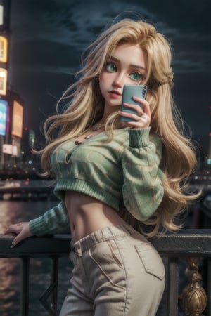 Best Quality, 1girl, Cute Maiden with long blonde hair, light and glowing green eyes, heart-shaped_pupils, day time, gucci top, adidas moletom pants, medium breasts, (((taking selfie))), ((ny timesquare in background)), (((people in background))), 2K Quality,perfecteyes