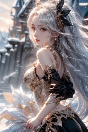 masterpiece, best quality, ultra detailed, cute, beautiful, 1 girl, Detailedface, petite, big_breasts, Close-up view. (dynamic pose), detailed dress, armor, skirt, hentai style, half black (top) and half white hair (bottom), silver bronze eyes, cute_eyes, detailed snowy castle, (high detailed skin:1.2),8K UHD,dslr,soft lighting,high quality,film grain, Fujifilm XT3,1 girl,yuzu