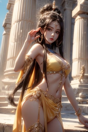 masterpiece, best quality, ultra detailed, cute, beautiful, 1 girl, Detailedface, petite, big_breasts, Close-up view. (dynamic pose), (random pose), egyptian clothing, half yellow (top) and half black hair (bottom), blue orange eyes, cute_eyes, detailed egypt temple, (high detailed skin:1.2),8K UHD,dslr,soft lighting,high quality,film grain, Fujifilm XT3,1 girl, yuzu,