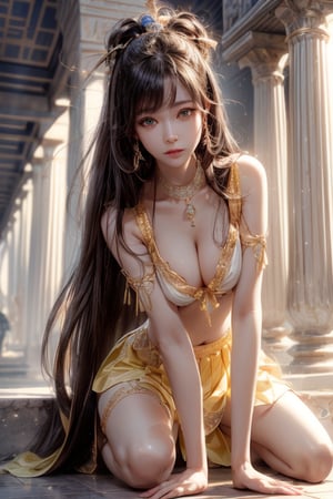 masterpiece, best quality, ultra detailed, cute, beautiful, 1 girl, Detailedface, petite, big_breasts, Close-up view. (dynamic pose), (random pose), detailed egyptian clothing, skirt, hentai style, half yellow (top) and half black hair (bottom), long and straight hair with bangs, blue orange eyes, cute_eyes, detailed egypt temple, (high detailed skin:1.2),8K UHD,dslr,soft lighting,high quality,film grain, Fujifilm XT3,1 girl,yuzu