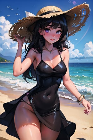 masterpiece, best quality, ultra detailed, cute, beautiful, curvy_hips, sexy, black_dress, with big straw hat, long_hair, black_hair, purple_eyes. (dynamic pose), (random pose), in the beach, (high detailed skin:1.2),8K UHD,dslr,soft lighting,high quality,film grain, Fujifilm XT3,1 girl, SAM YANG,EnvyBeautyMix23,helmdef,perfecteyes,