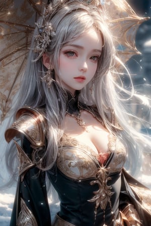 masterpiece, best quality, ultra detailed, cute, beautiful, 1 girl, Detailedface, petite, big_breasts, Close-up view. (dynamic pose), detailed dress, armor, skirt, hentai style, half black (top) and half white hair (bottom), silver bronze eyes, cute_eyes, detailed snowy castle, (high detailed skin:1.2),8K UHD,dslr,soft lighting,high quality,film grain, Fujifilm XT3,1 girl,yuzu