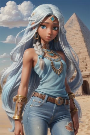 illustration, best quality, ultra detailed, cute, beautiful, 1girl, brown_skin, blue_cropped, skinny_jeans, long_hair, white_hair, cyan_eyes, fantasy, close_up, pyramid, desert,