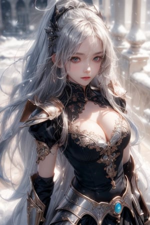 masterpiece, best quality, ultra detailed, cute, beautiful, 1 girl, Detailedface, petite, big_breasts, Close-up view. (dynamic pose), detailed dress, armor, skirt, hentai style, half black (top) and half white hair (bottom), silver bronze eyes, cute_eyes, detailed snowy castle, (high detailed skin:1.2),8K UHD,dslr,soft lighting,high quality,film grain, Fujifilm XT3,1 girl,yuzu