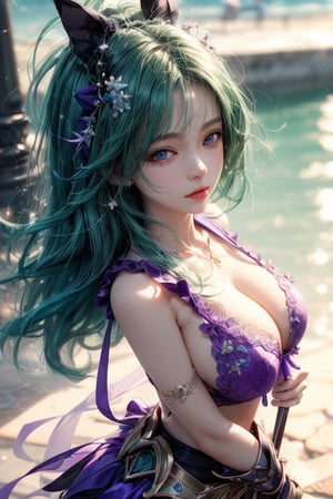 masterpiece, best quality, ultra detailed, cute, beautiful, 1 girl, Detailedface, petite, big_breast, Close-up view. (dynamic pose), female_ninja, armor, skirt, hentai style, half purple (top) and half green hair (bottom), blue purple eyes, cute_eyes, detailed tropical city, (high detailed skin:1.2),8K UHD,dslr,soft lighting,high quality,film grain, Fujifilm XT3,