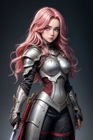 Best Quality, 1girl, white skin texture, blush, cute maiden with long pink hair, full body, puffy eyes, glowing blue eyes, full body, (bone) sexy armour, sword on holster, big boobs, 2K Quality, perfecteyes,