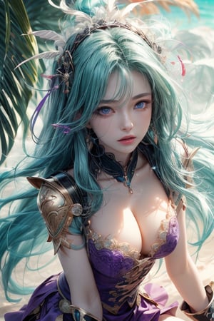 masterpiece, best quality, ultra detailed, cute, beautiful, 1 girl, Detailedface, petite, big_breasts, Close-up view. (dynamic pose), indigenous_fashion, armor, skirt, hentai style, half purple (top) and half green hair (bottom), blue purple eyes, cute_eyes, detailed tropical city, (high detailed skin:1.2),8K UHD,dslr,soft lighting,high quality,film grain, Fujifilm XT3,