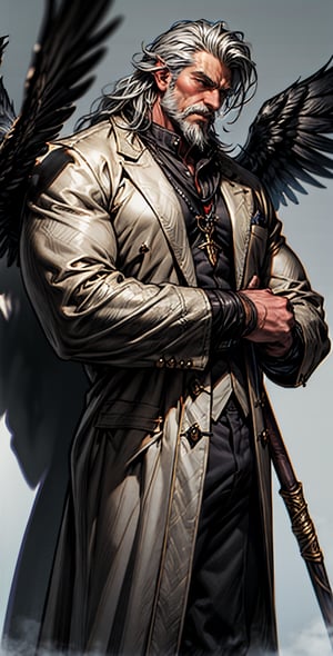 Child with magic staff with an Older man with long grey hair in a white overcoat and suit pants,crotch_bulge,facial_marking, bigger_male,facial_hair, HD, neutral expression large black wings, shading,shadows,muscular figure, druid(fantasy lord of ring), magic, background fantasy, postapocalipsis