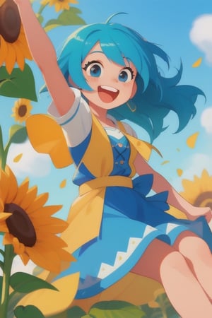 Energetic_girl, seated on a picnic blanket amidst a field of sunflowers in full bloom, playfully tossing a sunflower into the air, her vibrant blue hair trailing behind her like a colorful banner, | vibrant and dynamic atmosphere, bright sunlight casting dynamic shadows, a gentle breeze causing sunflowers to sway and girl's blue hair to dance, | girl wearing a summer dress in motion, capturing the moment of her toss, | bold and lively colors dominating the scene, conveying a sense of excitement and vitality, | an exhilarating countryside moment, capturing the girl's joyful interaction with nature