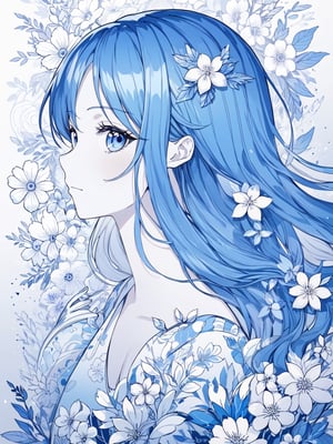 masterpiece, best quality, Nami (One Piece character), flowers, monochrome, line art, abstract, gorgeous, blue theme,