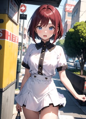 18years old, Vigorous, lively ,bob cut,dark red hair , Vigorous, lively ,BREAK,confused face,Open mouth,bashful,flustered:1.4,Anime, ray tracing, vibrant colors, girl, masterpiece, sharp focus, best quality, depth of field, cinematic lighting, detailed outfit, perfect eyes, rich in details and textures, Absurd, Masterpiece, Super Detailed, Best Quality, Professional Lighting, Hyper Detail, Sharp Detail, (Light Transmission),8k, super fine illustration 1 girl, very beautiful, clean white skin, Energetic, active big beautiful eyes,OOTD,micro mini skirt