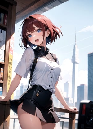 18years old, Vigorous, lively ,bob cut,dark red hair , Vigorous, lively ,BREAK,open mouth,embarassed,flustered:1.3,Anime, ray tracing, vibrant colors, girl, masterpiece, sharp focus, best quality, depth of field, cinematic lighting, detailed outfit, perfect eyes, rich in details and textures, Absurd, Masterpiece, Super Detailed, Best Quality, Professional Lighting, Hyper Detail, Sharp Detail, (Light Transmission),8k, super fine illustration 1 girl, very beautiful, clean white skin, Energetic, active big beautiful eyes,OOTD,micro mini skirt