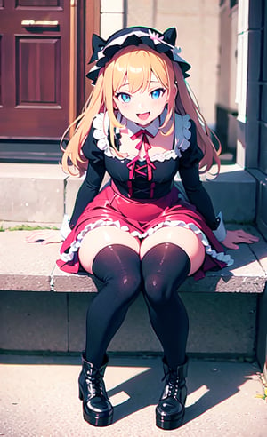  Lolita fashion, frills, zettai ryouiki,1 girls ,very beautiful,thick-soled boots,laugh