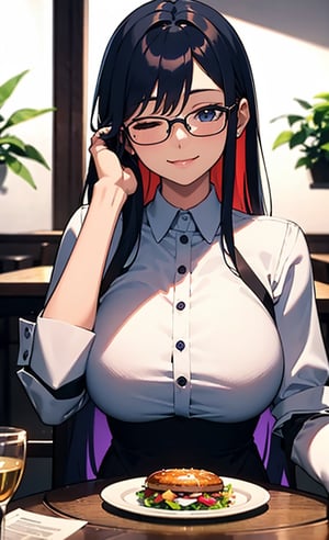 Anime, Absurd, masutepiece, super detailed, Best Quality, Professional Lighting, Hyper Detail, Sharp Detail, (Light transmission), Detailed Background Information,BREAK,1 woman, Very beautiful, Detailed face description,smile with one's eyes closed, 28 year old, BREAK,(Antique Cafe),Sit,(table),(hands on own cheeks:1.2), Large breasts,breasts on table, breast rest,break,Glasses, Deep blue hair Red multicolored hair, Twin-tailed, Long hair,Barong