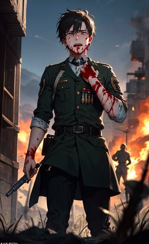 Magnificent panoramic view: 1.3, (fisheye lens), on desolate battlefield, one male soldier stands bloodied, his face full of despair, returned blood, bloodstains.