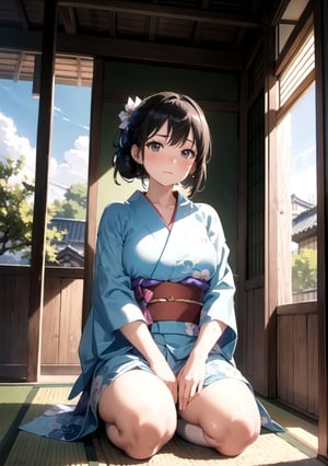 
Animation, absurd, masterpiece, ultra-detailed, top quality, professional lighting, hyperdetailed, sharp detail, (light transmission),8k, ultra-fine illustration, BREAK

A woman is sitting on the veranda of a traditional Japanese house, adopting the graceful "seiza" posture. She wears a light and airy yukata, adorned with delicate floral patterns that seem to dance in the gentle breeze. The fabric drapes elegantly around her form, suggesting comfort and relaxation.

As the sun's rays bathe the scene, the woman fans herself with a traditional hand-held fan, her expression a mixture of contentment and relief. Beads of sweat glisten on her forehead, further emphasizing the warmth of the day. Her gaze is directed outward, hinting at the serene landscape she must be observing.

The meticulous rendering of light and shadows creates a lifelike and almost surreal quality to the illustration. Every fold of the yukata and every detail of the wooden veranda are depicted with an astonishing level of accuracy. The delicate interplay of sunlight filtering through the trees and gently illuminating her form adds a touch of magic to the scene.

In this extraordinary piece, the artist captures the essence of a tranquil summer day, portraying the woman's efforts to keep cool while immersed in the timeless charm of a Japanese countryside veranda.