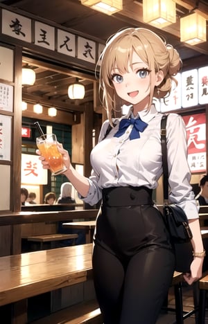 (A woman unwinding at an izakaya after work), Relaxing with a drink, her face glowing from a mild buzz, , (warm and cozy atmosphere)1.3, capturing the ambiance of camaraderie. The woman, dressed in a sophisticated business attire, lets down her hair as she takes a sip of her drink. Her demeanor shifts from professional to relaxed, and her content smile reveals her enjoyment. The warm and inviting lighting sets the scene for an enjoyable evening. The background showcases the charming setting of the izakaya, with traditional lanterns and comfortable seating. BREAK Her outfit transitions from her office wear - she wears a stylish yet comfortable blouse and trousers that reflect her transition from work to leisure. Her hair, now slightly tousled, adds to the carefree mood. She engages in conversation and laughter, embracing the camaraderie of the moment. BREAK This illustration captures the transition from work to relaxation as a woman unwinds and enjoys the company of friends or colleagues,BREAK,Anime, Absurd, Masterpiece, Super Detailed, Best Quality, Professional Lighting, Hyper Detail, Sharp Detail, (Light Transmission),8k, super fine illustration 1 girl, very beautiful, clean white skin, big beautiful eyes, 25years old, Gentle, calm ,half updo, pearl gray hair,large breasts, red blush,(open mouth with shyly smile:1.1),BREAK,glamour