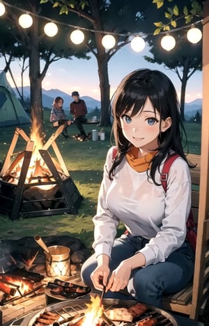 (sketch)1.4,(realistic)+, (masterpiece)1.3, , (A warm-hearted woman savoring a campfire barbecue), Embracing the tranquility of the campsite, her expression radiates a blend of relaxation and delight, , (subtle campfire glow)1.3, capturing the cozy atmosphere. The woman's outfit is casual and functional - a comfortable flannel shirt paired with shorts that allow her to move freely in the camp setting. She wears a bandana to keep her hair in place, and her gentle smile suggests her contentment with the surroundings. As she tends to the grill or enjoys the company of friends, her demeanor is inviting and warm. The subtle campfire glow adds to the inviting ambiance. BREAK The background features the campsite, with a crackling campfire, camping gear, and friends gathered around. The scene captures the camaraderie and comfort of camping. The woman's interaction with the environment and her friends adds a sense of authenticity and warmth to the scene. BREAK This illustration captures the heartwarming essence of a woman savoring a campfire barbecue during a camping trip. Her interactions, expressions, and the inviting campfire glow create a scene that evokes the joy of the moment.