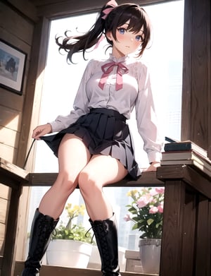 Masterpiece, super sensitive, highest image quality, one very beautiful woman,break,from below,Pink high-neck gathered blouse, black pleated skirt, ribbon, thick-soled laced boots