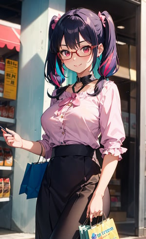 Walking,Anime, Absurd, Masterpiece, Super Detailed, Best Quality, Professional Lighting, Hyper Detail, Sharp Detail, (Light Transmission), Detailed background description,break,1 woman, very beautiful, detailed facial description, big beautiful red eyes, 28years old, break,(shopping street), seductive smile, glasses, deep blue hair red multicolored hair, twintails, long hair, break,(Pink ruffled blouse), (long lavender skirt),bag,middle large breasts, 