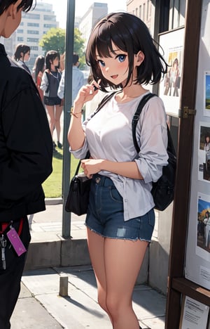 1 girl, very beautiful, clean white skin, big beautiful eyes,18years old, bob cut,dark red hair, break,OOTD,lace-up boots,open mouth,shyly smiling:1.2,blush, BREAK,depicting students admiring art pieces at an exhibition during the school festival,BREAK,Show a diverse group of students captivated by various artworks displayed on easels and walls,BREAK ,Some are quietly contemplating a painting,BREAK, while others engage in animated discussions about sculptures and photographs. The lighting accentuates the artwork,BREAK, casting gentle highlights and shadows. The exhibition space is adorned with creatively designed posters and banners, adding to the artistic ambiance.