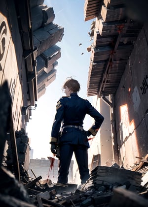 the front ,Cowboy Shot, From Below: 1.5, One Man, (Military Uniform:1.2),(Despair: 1.5), Tears, Wounded, (Return Blood: 1.5), bloodstain :1.3,Morning Sun, Backlit, Battlefield, Devastated City, Rubble, Rubble, Debris, Anime, Absurd, Masterpiece, Super Detailed,. Best Quality, Professional Lighting, Hyper Detail, Sharp Detail, (Light Transmission), (Spectacular Panorama View: 1.3)