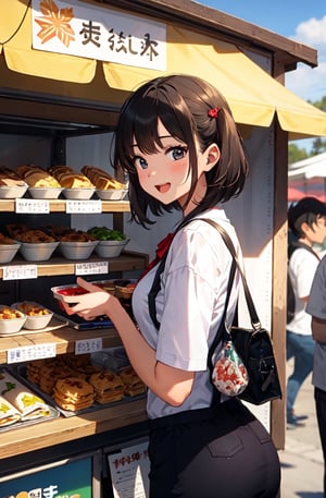 1 girl, very beautiful, clean white skin, big beautiful eyes,18years old, bob cut,dark red hair, break,OOTD,lace-up boots,open mouth,shyly smiling:1.2,blush, BREAK,atmosphere of a school festival's food stall area. Depict a colorful scene with a variety of booths, BREAK,each adorned with creative signs and decorations. Show students eagerly enjoying treats like cotton candy, takoyaki, and crepes. Some stalls have engaging games where participants win prizes. Highlight the diversity of food, BREAK,the festive decorations, and the joyful expressions on people's faces. The backdrop could include the school building, blue sky, and bustling crowds, emphasizing the festive spirit of the event