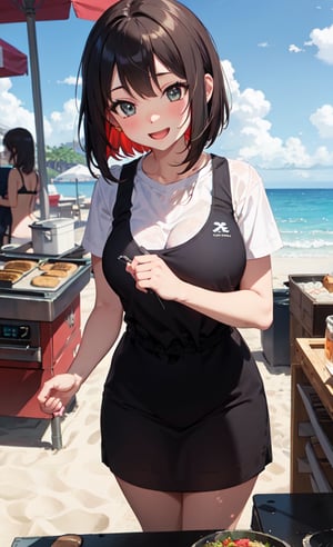 Cowboy shot Anime, Absurd, Masterpiece,( from above),Super Detailed, Best Quality, Professional Lighting, Hyper Detail, Sharp Detail, Break,(swimming beach),1 girl, very beautiful, clean white skin, big beautiful eyes, 22 years old, bob cut, curvy ,ample breasts,red blush,open mouth,shyly smile:1.1,OOTD,(cooking)