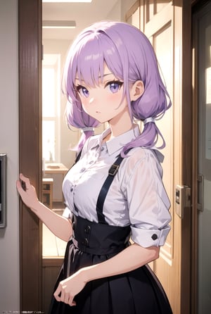 Medium, low twintails hair ,lilac colour hair, 20 years old, cartoon, absurd, mれasterpiece, super detailed, top quality, professional lighting, hyper detail, sharp detail, (light transmission),8k, super fine illustration 1 girl, very beautiful, clean white skin, big beautiful eyes, serious, winning,Entrance to home,OOTD