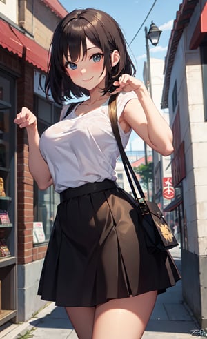 Cowboy shot Anime, Absurd, Masterpiece, Super Detailed, Best Quality, Professional Lighting, Hyper Detail, Sharp Detail, 1 girl, very beautiful, clean white skin, big beautiful eyes, 22 years old, bob cut, curvy ,ample breasts,red blush,shyly smile:1.1,(paw pose:1.2),outdoors,shopping street,(skirt style),OOTD