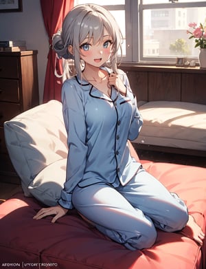 1 girl, solo, super fine illustration, Anime, ray tracing, vibrant colors, masterpiece, sharp focus, best quality, depth of field, cinematic lighting, detailed outfit, perfect eyes, rich in details and textures, Relaxed, Morning at Home, White Sofa, 25 years old, Gentle, Calm, Half Updo, Pearl Gray Hair, Large Breasts, Plump, Glamorous, Break, Red Blush, Open Mouth with a Shy Smile:1.1, full-body composition, Pajamas.