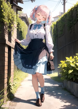 (Full body:1.3),outdoors,Flower fields, beautiful blue skies,(head tilt:1.3),(curtsey),two side up,hime cup,(Light blue frill gypsy skirt:1.5),(White smock blouse),black ribbons, bow tie,,ribbons,Break,Anime, ray tracing, vibrant colors, girl, masterpiece, sharp focus, best quality, depth of field, cinematic lighting, detailed outfit, perfect eyes, rich in details and textures, Absurd, Masterpiece, Super Detailed, Best Quality, Professional Lighting, Hyper Detail, Sharp Detail, (Light Transmission),8k, super fine illustration ,1 girl, very beautiful, clean white skin, big beautiful eyes, 25years old, Gentle, calm ,pastel pink hair,large breasts, , plump ,glamour,Break ,blush,(open mouth with shyly  smile),eyes closed ,loafers