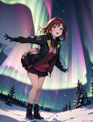 1girl, solo, super fine illustration, Anime, ray tracing, vibrant colors, masterpiece, sharp focus, best quality, depth of field, cinematic lighting, detailed outfit, perfect eyes, rich in details and textures, Majestic, Aurora Borealis, Northern Lights, night sky, snowy landscape, amazed expression, 18 years old, bob cut with dark red hair, energetically looking up at the colorful northern lights, full-body composition