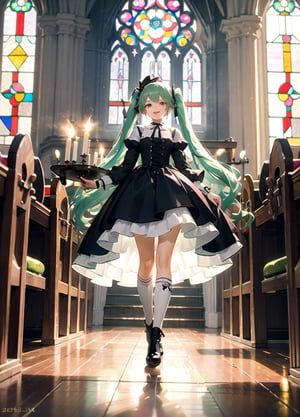 One girl, very pretty, 17 years old, big beautiful red eyes, focus on eyes, break,dark room, church, stained glass, light shining through, cross, candle,break, (pink Lolita fashion:1.2), white thick-soled boots, Chartreuse Green hair, twin tails, red eye shadow,break,Anime, Absurd, Masterpiece, Super Detailed, Best Quality, Professional Lighting, Hyper Detail, Sharp Detail, (Light Transmission), (Spectacular Panorama View: 1.3),smile