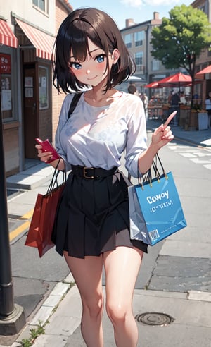 Cowboy shot Anime, Absurd, Masterpiece,( from above:1.1),Super Detailed, Best Quality, Professional Lighting, Hyper Detail, Sharp Detail, 1 girl, very beautiful, clean white skin, big beautiful eyes, 22 years old, bob cut, curvy ,ample breasts,red blush,shyly smile:1.1,outdoors,shopping street,(skirt style),OOTD,put index finger on mouth:1.2