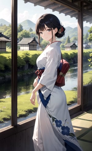 Serene, tranquil atmosphere, picturesque Japanese countryside, woman walking gracefully, blending seamlessly with nature, gentle breeze rustling her hair, hint of a peaceful smile, soft lighting that captures the essence of the scene, vibrant yet harmonious colors, embrace the serenity of nature, masterfully depict the tranquil landscape and the woman's connection to it.