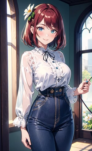 Cowboy shot, Animation, Absurd, Masterpiece, Very detailed, Best quality, Professional Lighting, Hyperdetail, Sharp Detail, (Light Transmission), One Woman, Very beautiful, Clean white skin, Big beautiful eyes, 22 years old, Bob cut, Dark red hair, Blush, Shy Smiling shyly:1.1, (Lace, frilly blouse), (Wide trousers), Lace-up boots, Flower hair ornament